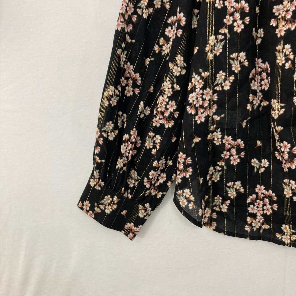 New LOFT Large Dark Floral Tie Front Metallic Striped Long Sleeve Elegant Blouse - Picture 4 of 10